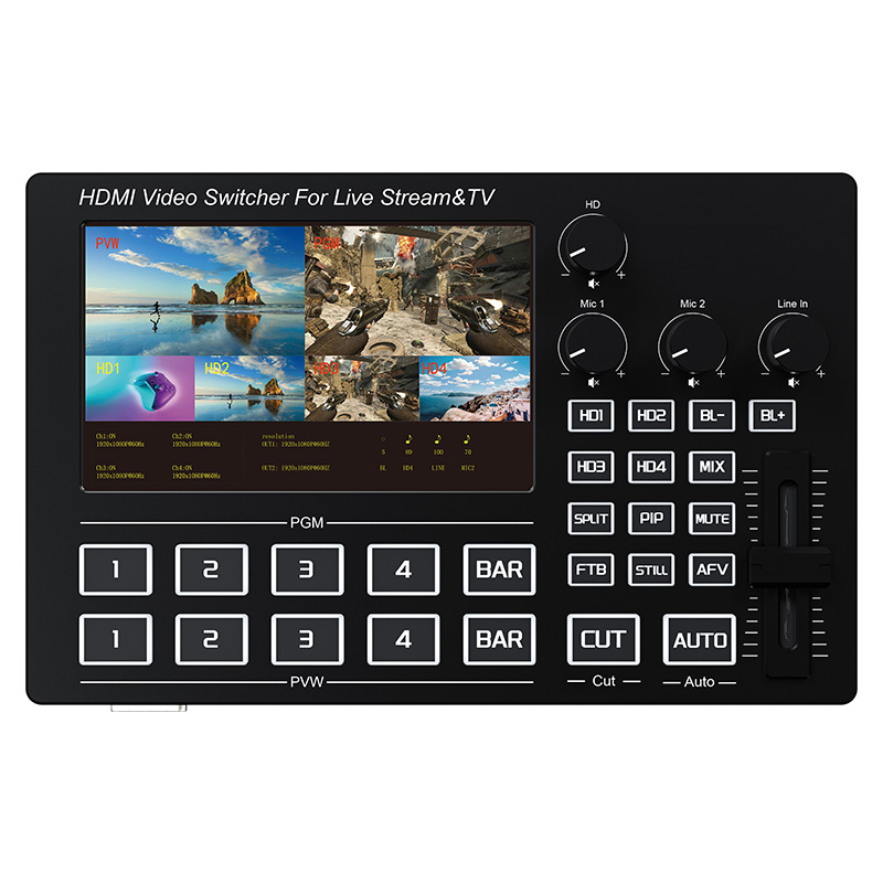 Gaming Console Box - 1080P 4チャンネルHDMIライブストリーミングビデオミキサー、5インチスクリーン、マイクライン入力、オーディオミキシング機能付きライブ放送ビデオスイッチャー